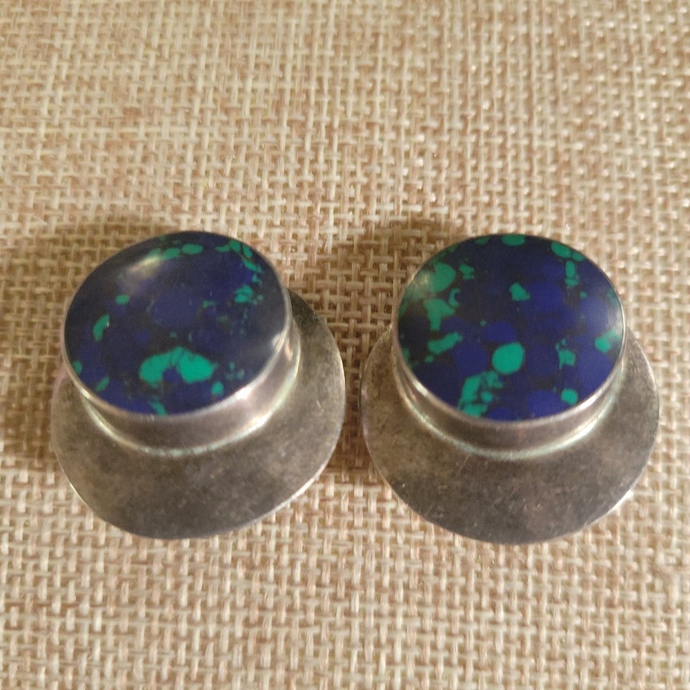 Vintage Mexico 925 Sterling Azurite Malachite Clip On Earrings 1" Southwestern
